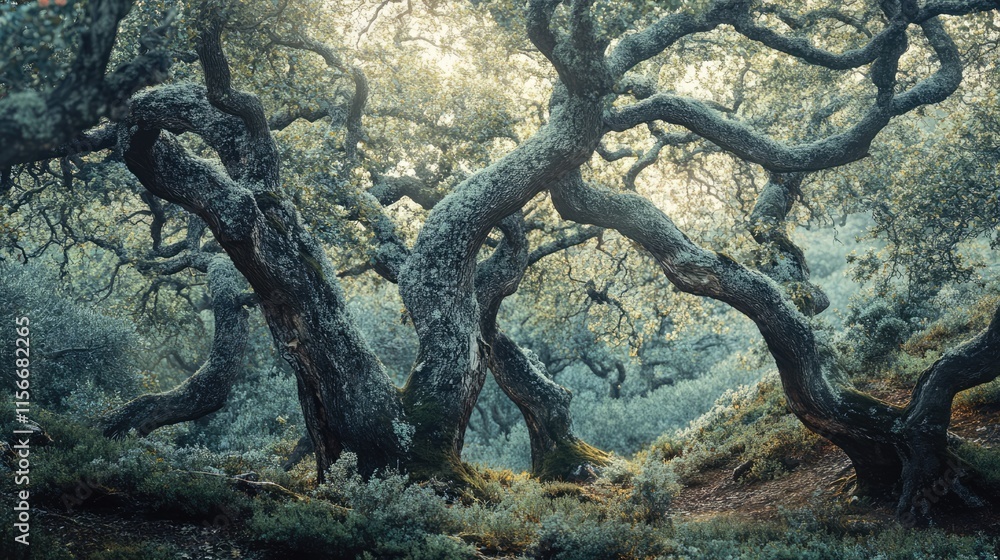 Aufkleber Mystical forest landscape with ancient twisted trees and lush greenery creating a serene nature atmosphere and tranquil environment.