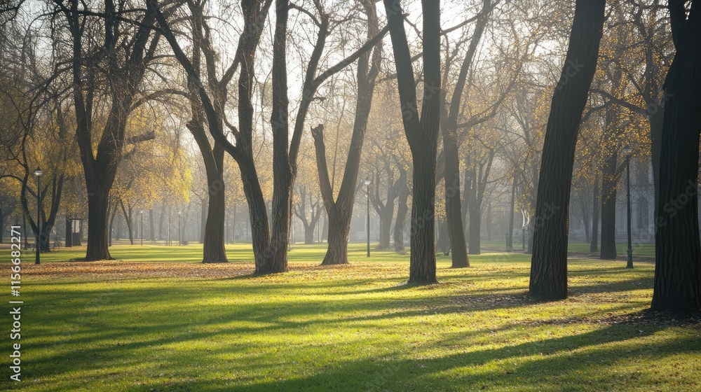 Aufkleber Serene park landscape with soft light filtering through trees creating a tranquil and abstract atmosphere in nature.