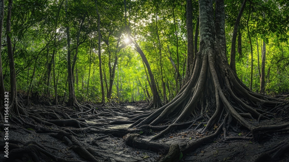 Poster Dense forest with sunlight filtering through trees showcasing intricate root systems and vibrant greenery.