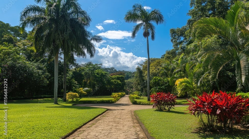 Aufkleber scenic pathway surrounded by lush trees and vibrant plants in a tranquil park setting under a clear 