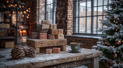 Fototapeta premium Warm Winter Scene with Cozy Coffee and Beautifully Wrapped Gifts on a Rustic Table