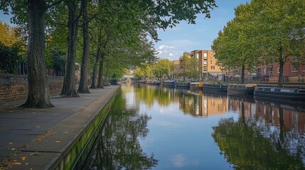 Fototapeta premium Serene trees reflecting in a tranquil canal surrounded by urban architecture on a clear day