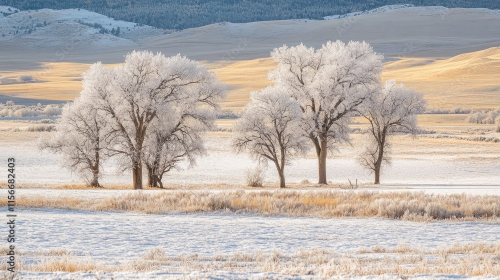 Poster Winter landscape featuring frosted trees in a serene field with soft mountains in the background and a tranquil atmosphere.