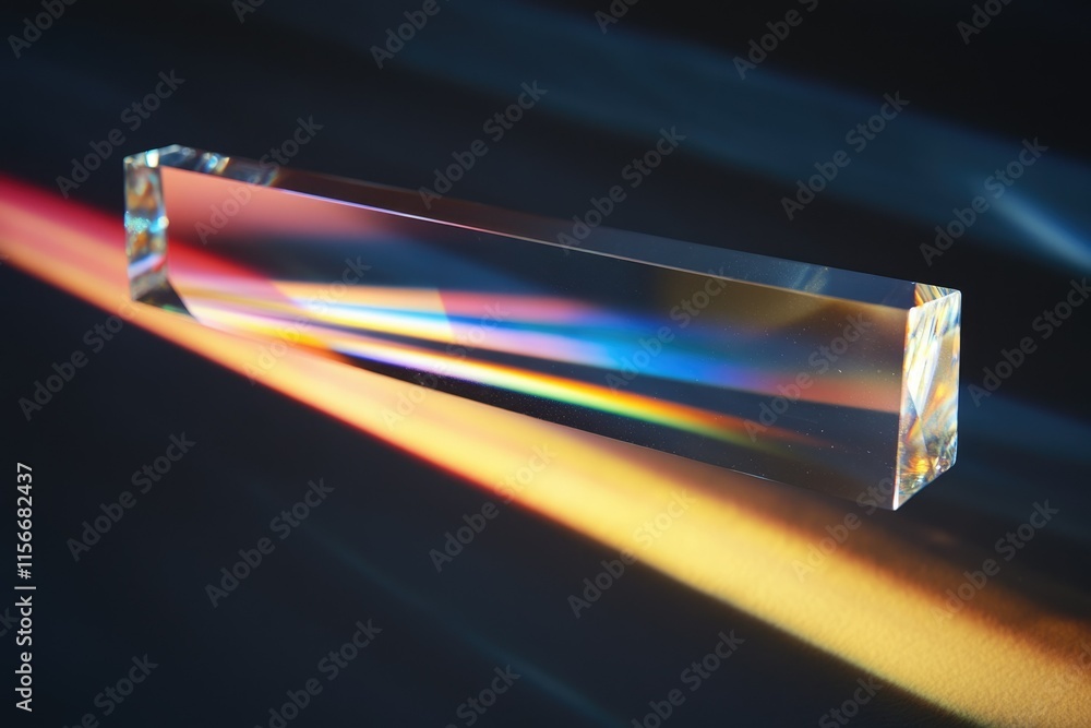 Poster a rectangular prism refracts light, creating a spectrum of colors on a dark surface.