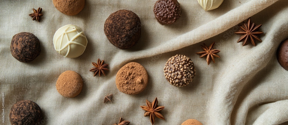 Aufkleber Truffle cookies with anise and chocolate arranged artistically on a soft linen backdrop for a delectable food display.