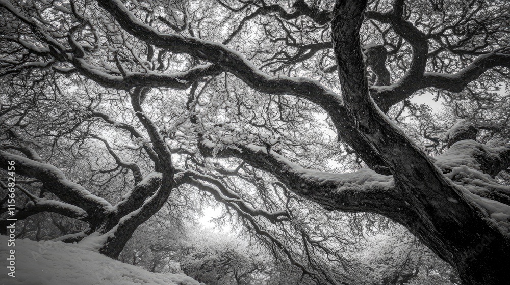 Aufkleber Snow-covered tree branches in a winter forest creating a serene monochrome atmosphere with intricate patterns and textures.