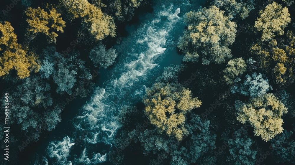 Poster aerial view of lush green forest with flowing river surrounded by vibrant trees in natural landscape