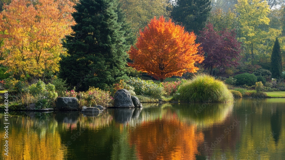Poster vibrant autumn landscape with colorful trees and shrubs reflected in tranquil lake water surrounded 