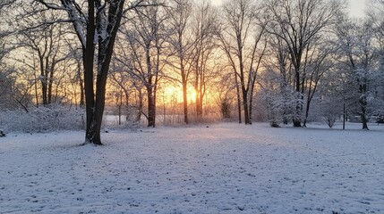 Majestic winter sunset illuminating snow-covered trees in a tranquil snowy landscape with a serene atmosphere.