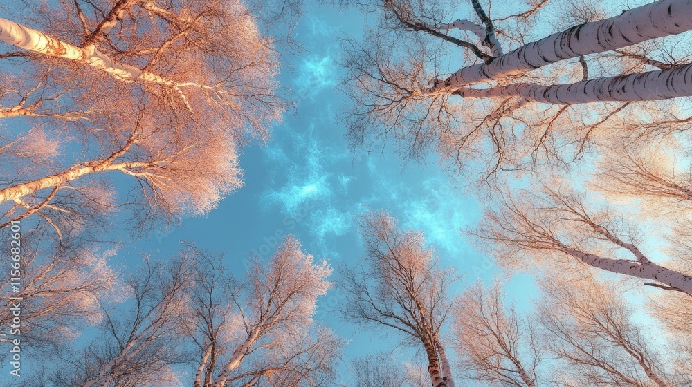 Aufkleber winter birch forest with blue sky and frosty trees creating a serene and tranquil atmosphere ideal f
