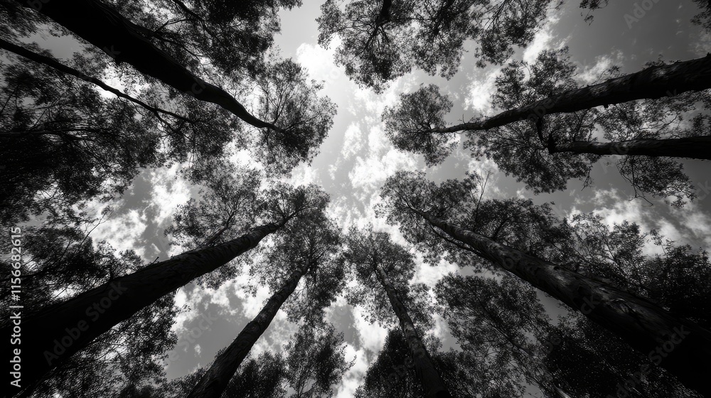 Poster Black and white forest with tall trees reaching towards a cloudy sky evoking feelings of melancholy and introspection in nature.