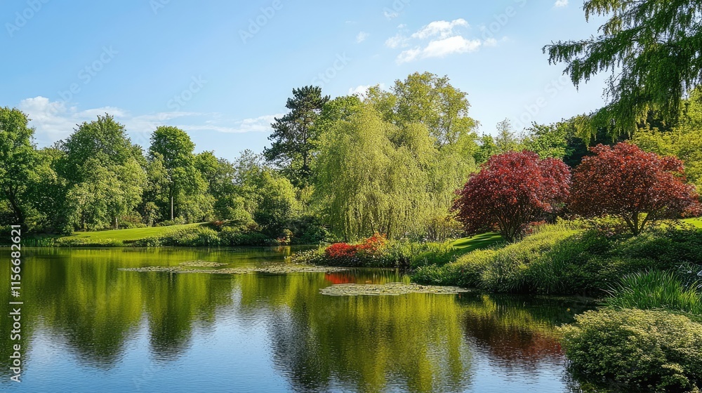 Poster lush greenery and vibrant shrubs reflected in a serene lake under a clear blue sky in a tranquil nat