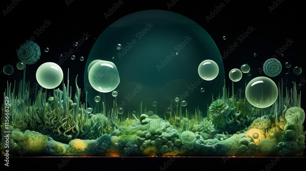Poster layered and intricate depiction of a phytoplankton ecosystem showcasing the diversity and complexity