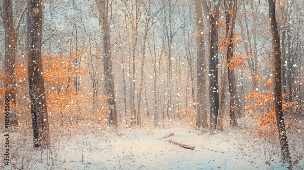 Poster winter forest scene with snow covered ground, frosty trees, and gentle snowfall creating a serene, t