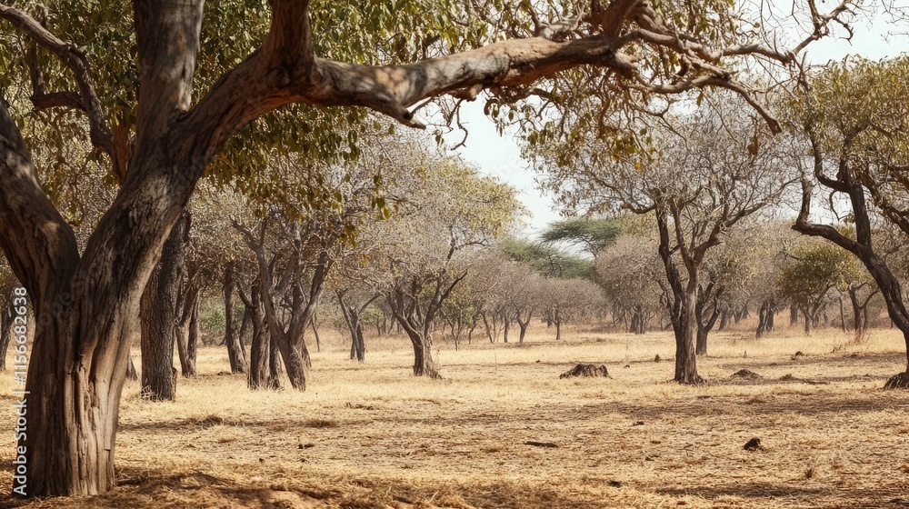 Poster tropical trees showing dry branches and leaf shedding in a barren landscape during the dry season re