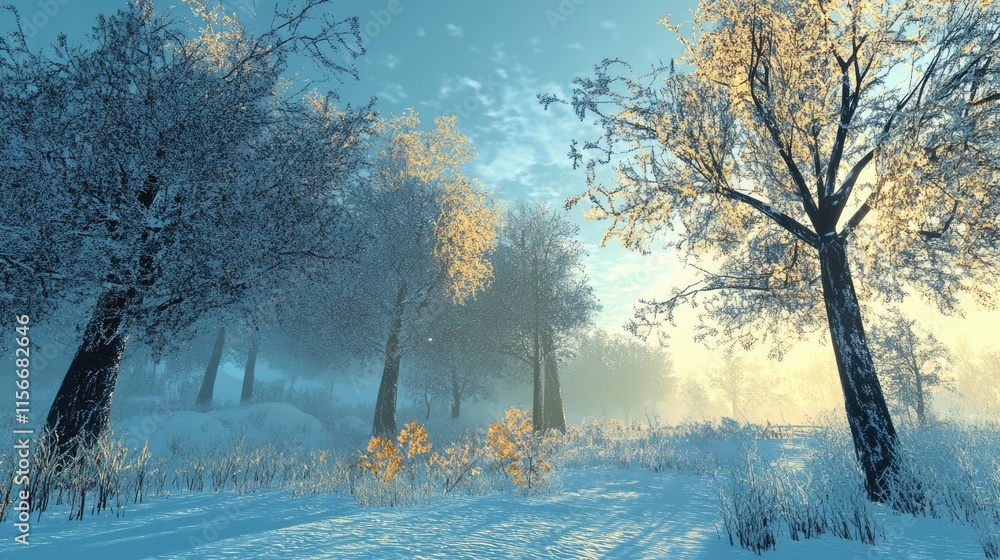 Poster winter landscape with snow-covered trees illuminated by soft sunlight in a serene natural setting