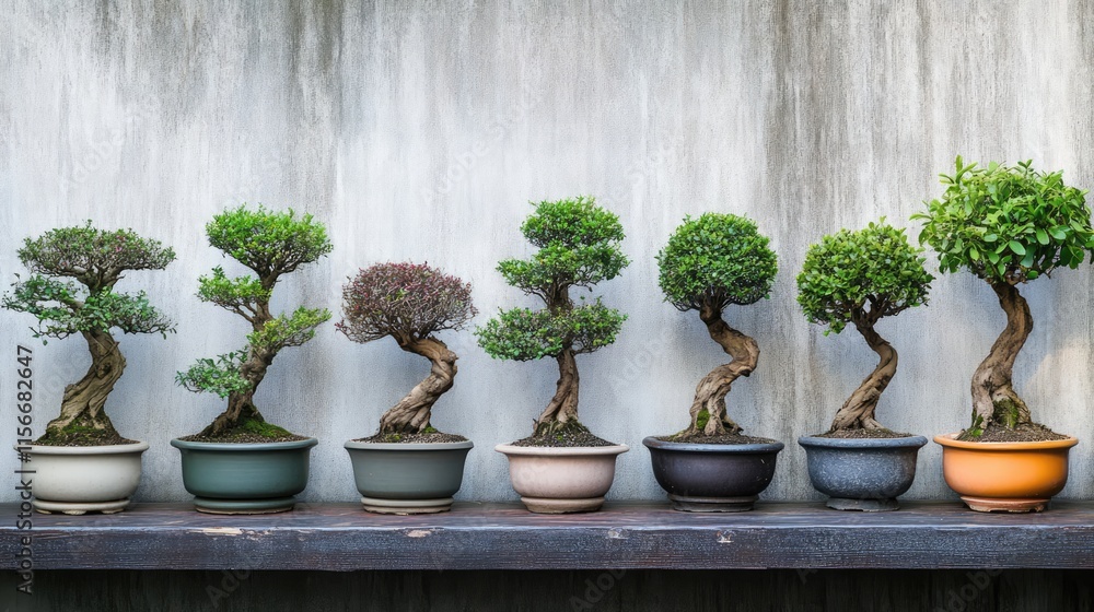 Poster bonsai tree collection in decorative pots arranged on a wooden shelf against a rustic wall showcasin