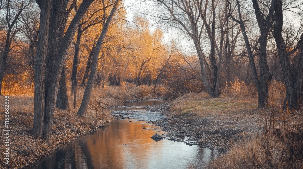 Aufkleber tranquil autumn scene of trees reflected in a serene small creek surrounded by golden foliage and so