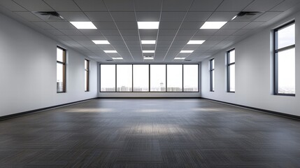 Empty modern office space with large windows and a carpeted floor.