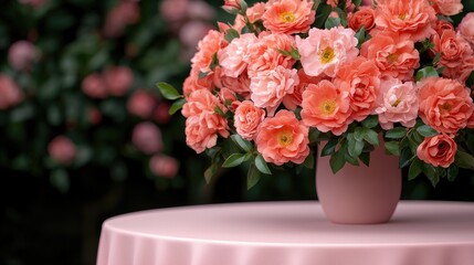A beautiful arrangement of pink flowers in a simple vase on a soft pink table, surrounded by a lush, green background.