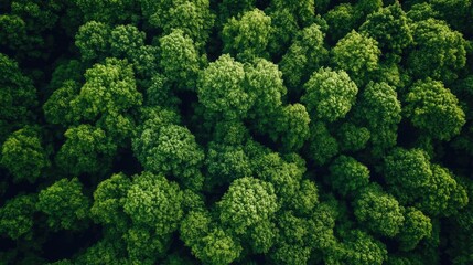 Naklejka premium Lush green forest canopy showcasing dense foliage and vibrant tree tops from an aerial perspective in natural sunlight