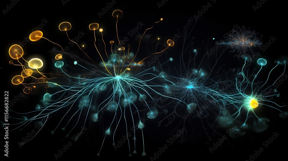 Poster stylized digital showcasing the intricate patterns and glowing nutrient uptake pathways of a microsc