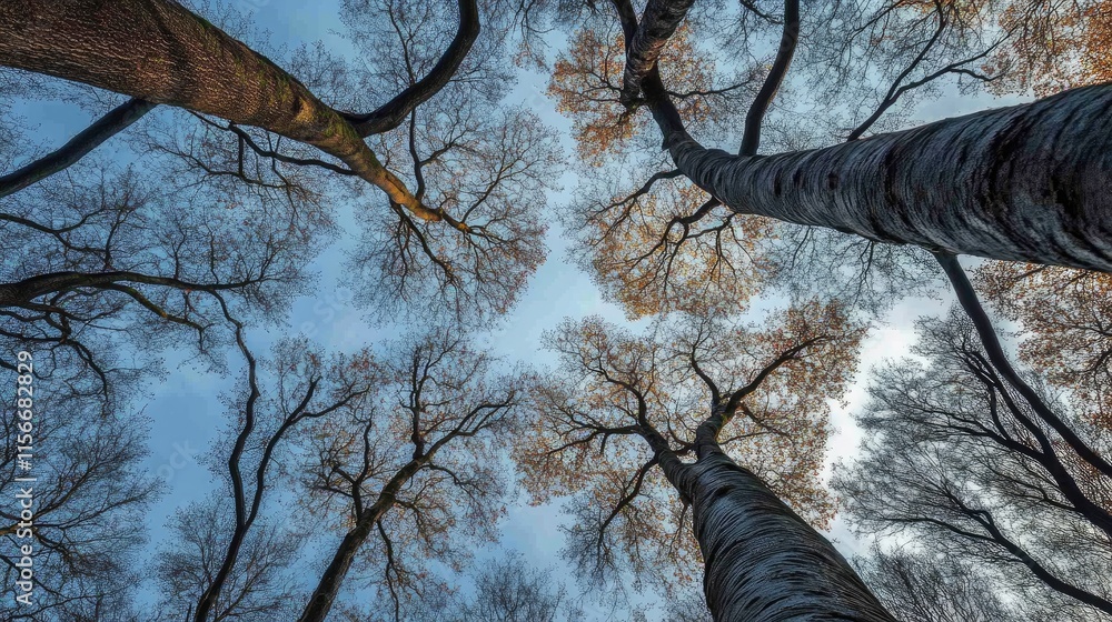 Poster Aerial view of tall trees with leafless branches against a cloudy sky in a serene forest setting during autumn season.
