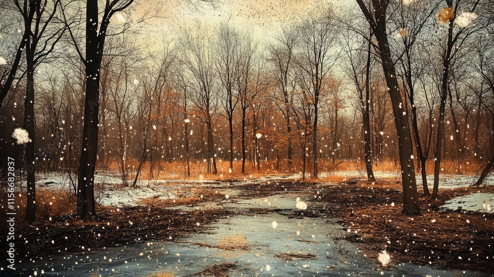 Poster winter forest landscape with bare trees snowflakes and reflections on a frozen water surface creatin