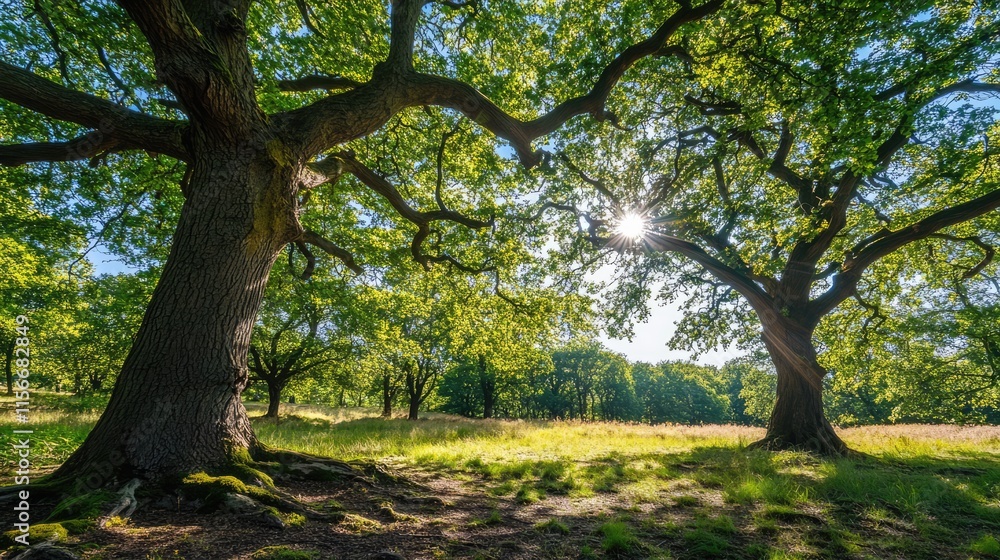 Poster sunlit forest landscape with majestic trees and lush greenery illuminated by sun rays amidst tranqui