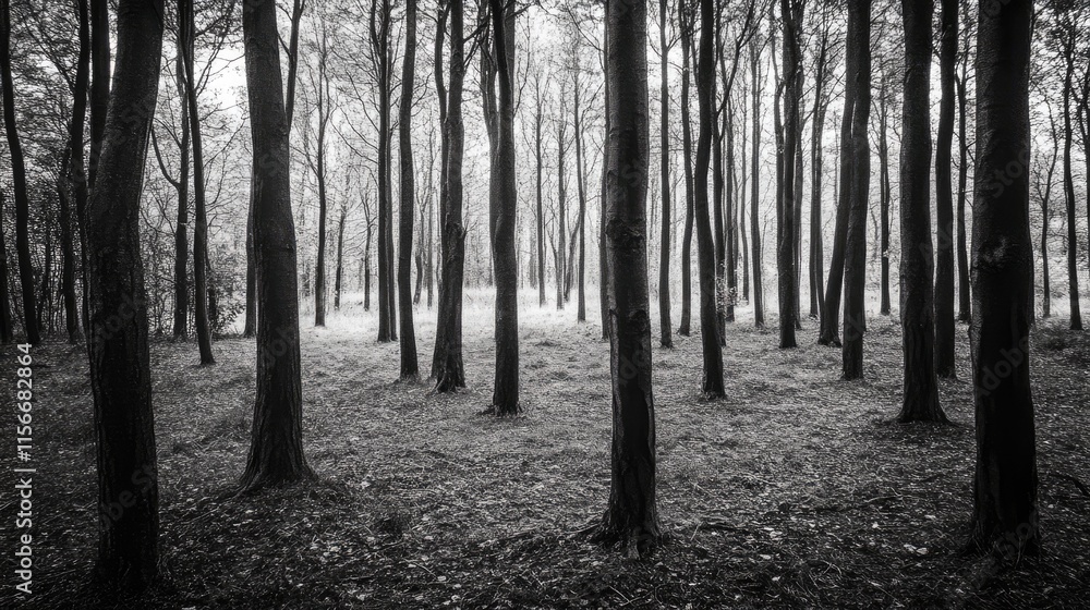 Aufkleber Mysterious black and white forest landscape with tall trees creating a serene and atmospheric nature setting