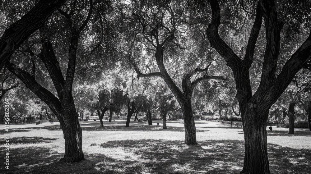 Poster serene black and white landscape of trees in a sunlit park creating shadows on the ground during a p