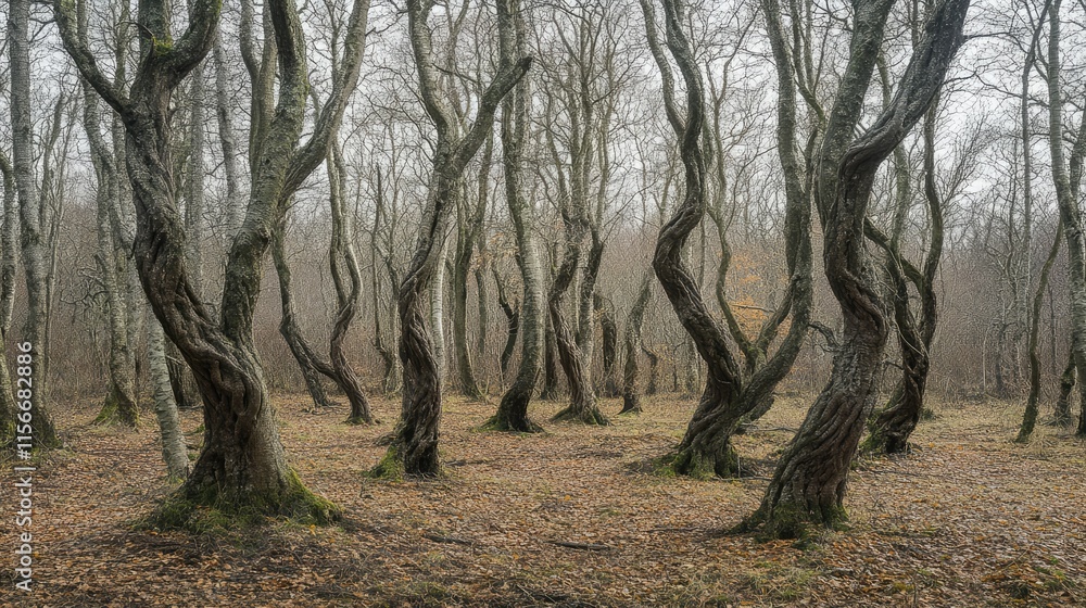 Poster Twisted ancient trees in a misty forest creating an enchanting and mysterious atmosphere in nature's serene landscape