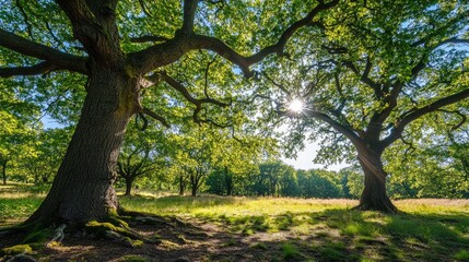 Fototapeta premium Sunlit Forest Landscape with Majestic Trees and Lush Greenery Illuminated by Sun Rays Amidst Tranquil Woodlands