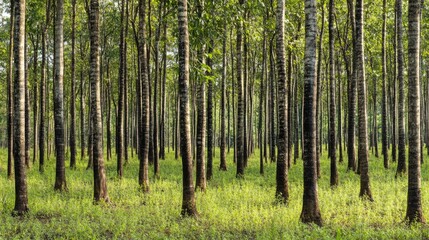 Naklejka premium Lush green forest with tall trees illuminated by daylight showcasing nature's beauty and tranquility in a serene woodland setting