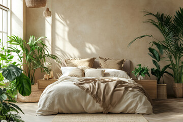Cozy bedroom featuring earthy tones and lush greenery in modern interior.