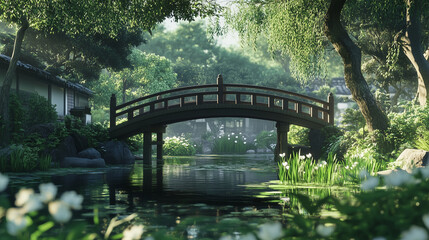 Tranquil Japanese garden with wooden bridge
