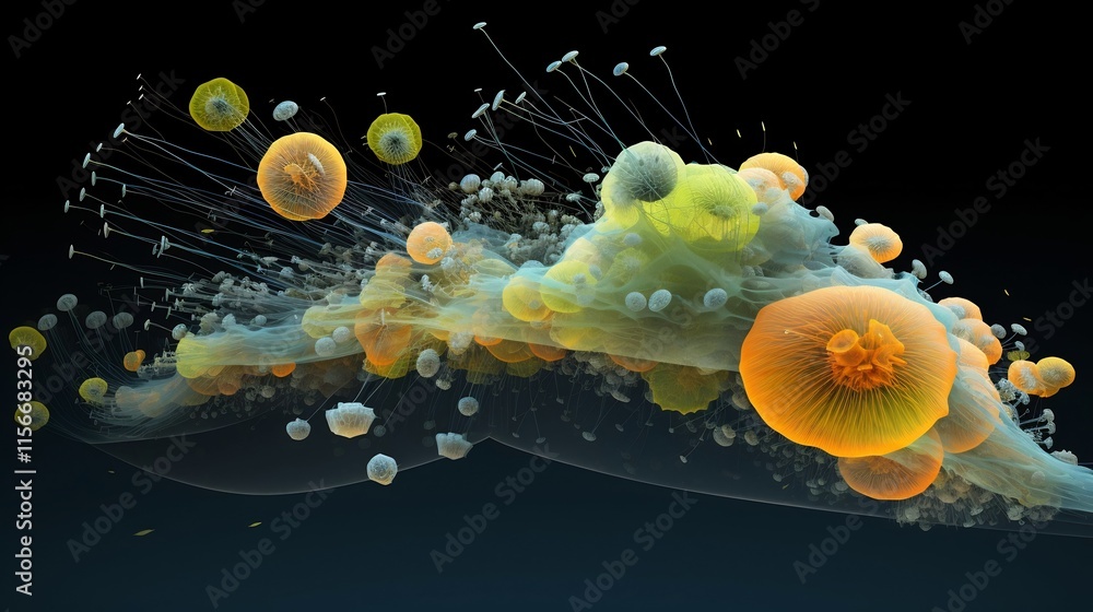 Poster detailed 3d render showcasing the complex behavior and movements of phytoplankton organisms within a