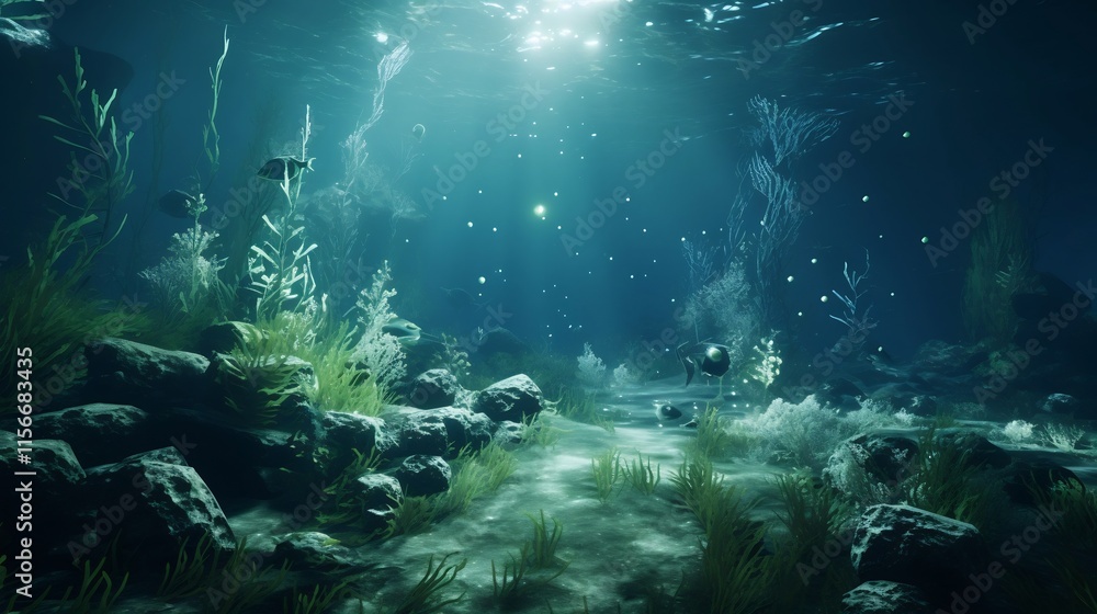 Poster mesmerizing digital rendering of an underwater simulation showcasing the complex fluid dynamics and 