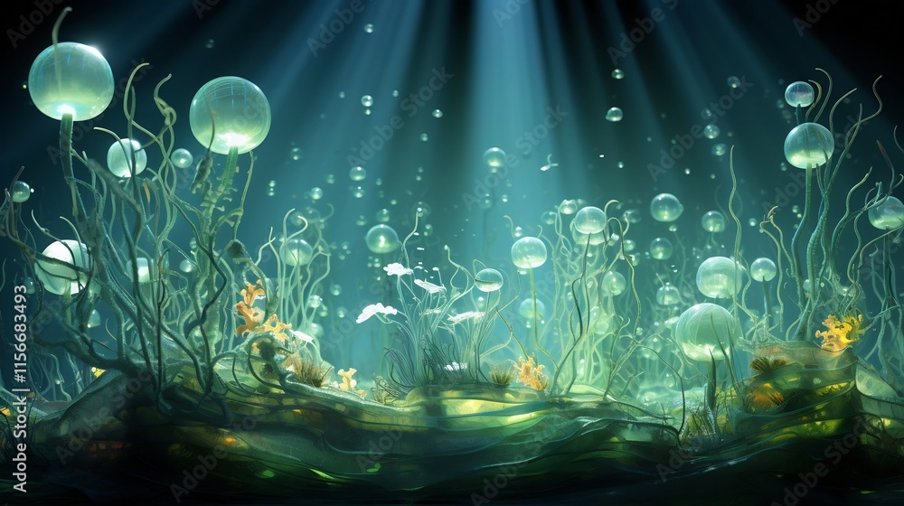 Poster depiction of vibrant and bioluminescent plankton ecosystems thriving in underwater environments with