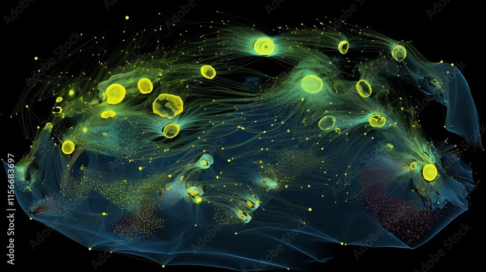 Poster abstract imagery depicting the intricate and mesmerizing patterns of phytoplankton thriving in the i