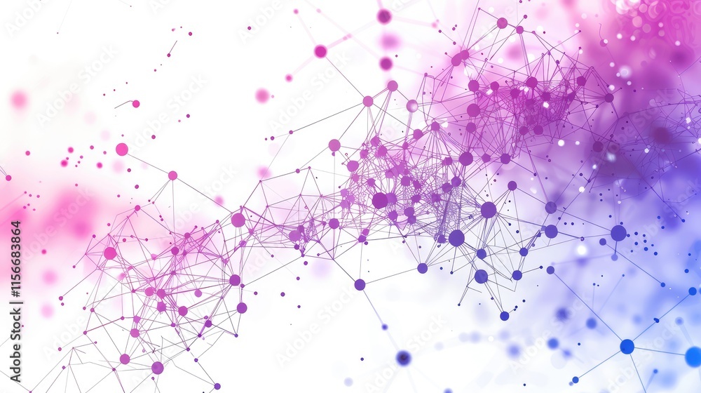 Poster abstract network design with dots and lines in pink and blue hues.