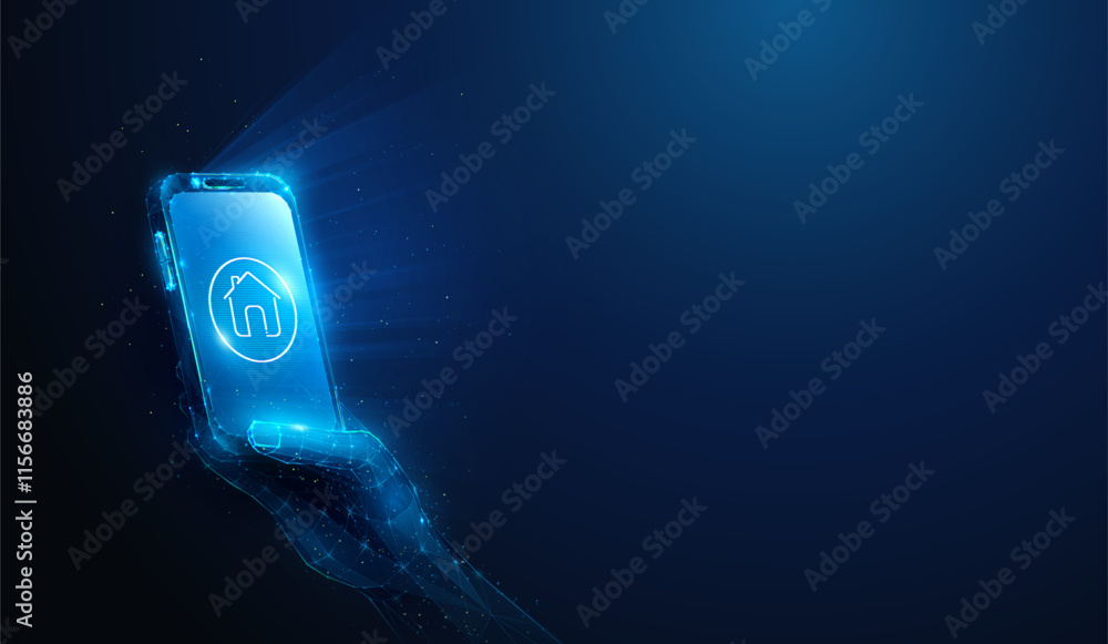 Poster abstract illustration of lineart home icon on low poly smartphone in hand. blue geometric background