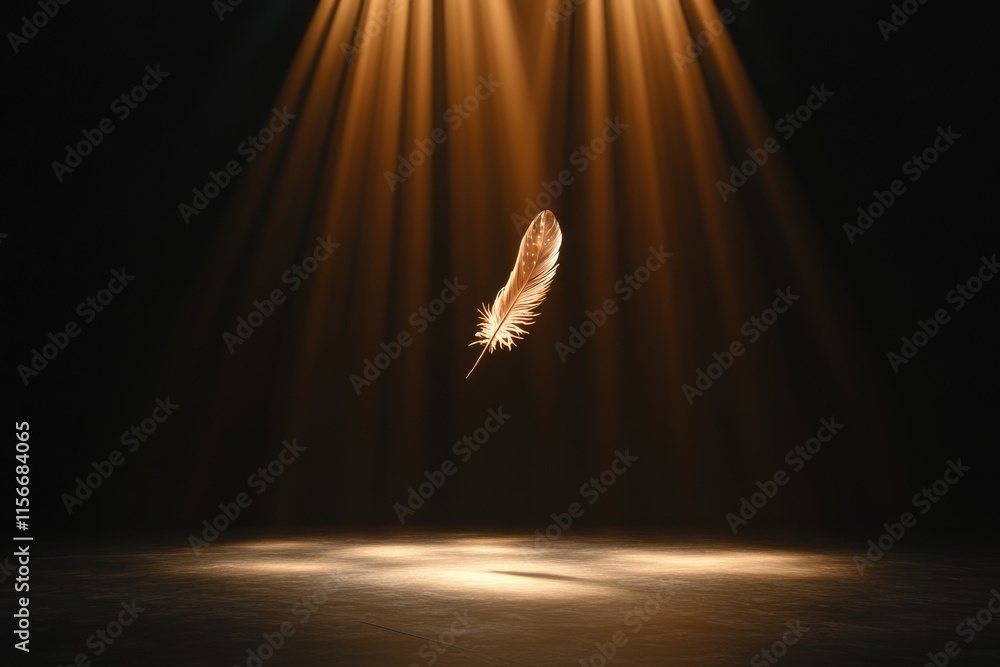 Poster a single feather floats in a spotlight, creating a dramatic and ethereal scene.