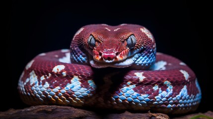 Obraz premium Exquisite close up shot of a rainbow boa snake highlighting the iridescent shimmering beauty of its intricate scales under soft lighting