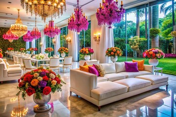 Obraz premium Opulent wedding reception, featuring white marble elegance and sparkling chandeliers.