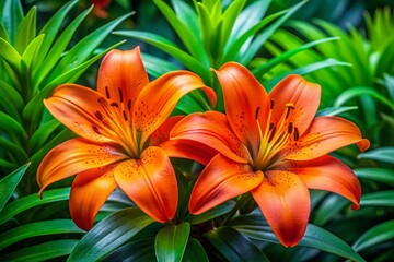 Fototapeta premium Orange Lilies Lush Tropical Scene
