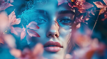 Enchanted Beauty: A Woman's Face Partially Obscured by Autumn Leaves