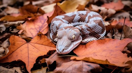 Naklejka premium Closeup of a venomous copperhead snake blending seamlessly into a carpet of fallen autumn leaves