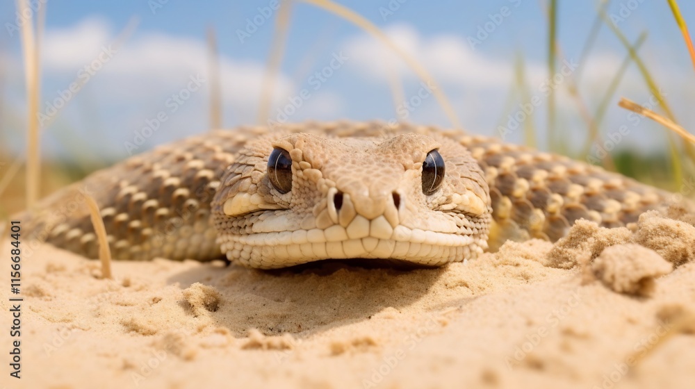 Poster close up of a plains hognose snake burrowing its distinctive pointed snout into soft sandy desert te