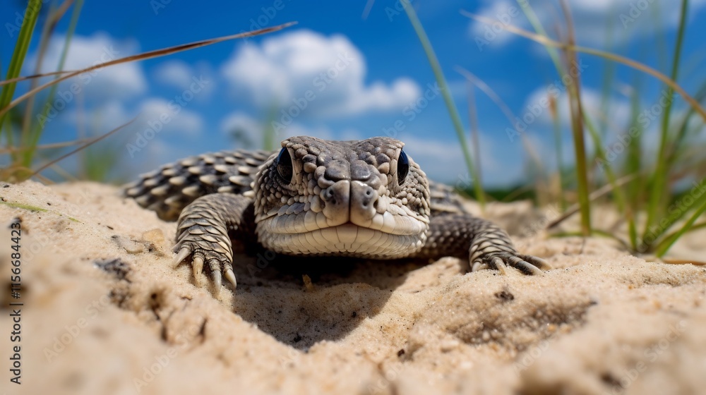 Poster plains hognose snake burrowing into soft sand with its distinctive upturned snout adapted for diggin